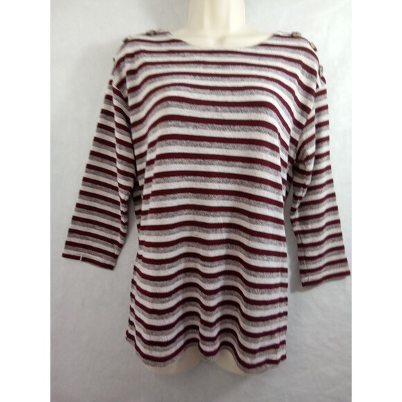 Christopher & Banks Womens Medium 3/4‎ Sleeve Striped Pullover Burgundy Blouse - Picture 5 of 9